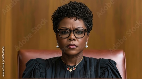 A serious judge in glasses, wearing a black robe, seated in a courtroom, exhibiting a powerful and focused demeanor. photo