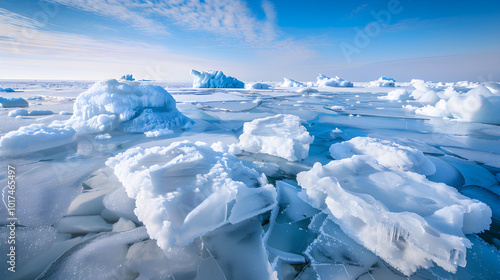 Arctic Serenity: Expansive Landscape of Icebergs and Frost-Covered Floe Under Clear Winter Sky photo