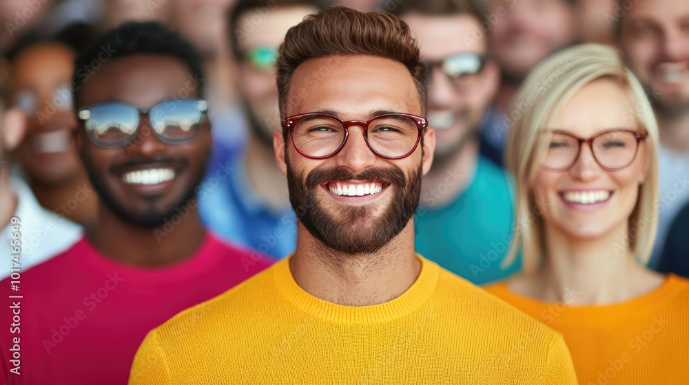 A vibrant group of diverse individuals, all smiling and wearing glasses, showcases a sense of community and positivity. A vibrant group of diverse individuals, all smiling and wearing glasses, showcases a sense of community and positivity.