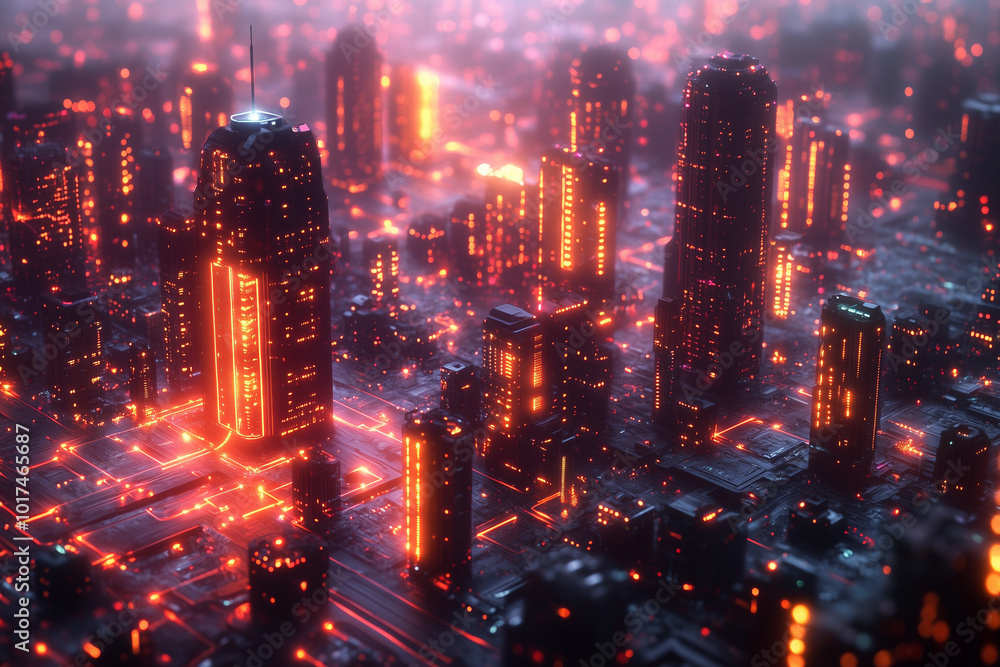 An abstract 3D grid of interconnected nodes and digital pathways and futuristic digital cityscape An abstract 3D grid of interconnected nodes and digital pathways and futuristic digital cityscape