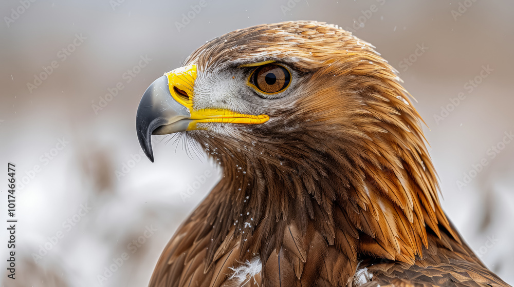 Obraz premium Large brown eagle with yellow beak and yellow eyes