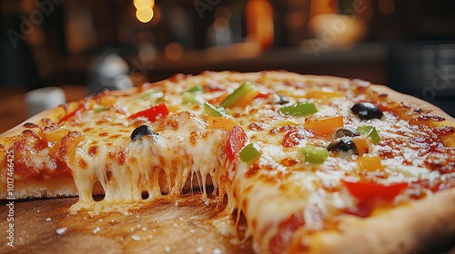 Close-Up of a Cheesy Pizza Slice with Toppings photo