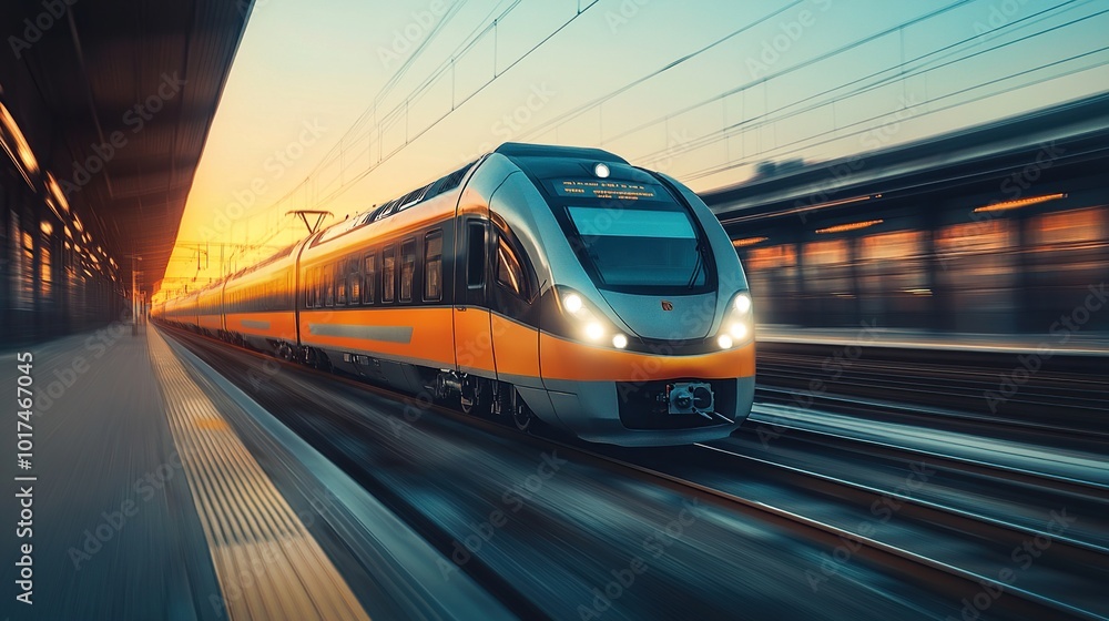 High-Speed Train Leaving the Station at Sunset High-Speed Train Leaving the Station at Sunset