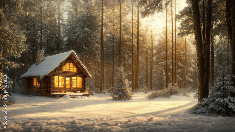 cozy cabin in woods surrounded by tall trees, bathed in warm light, creates serene winter atmosphere. snow covered landscape enhances peacefulness of this idyllic setting cozy cabin in woods surrounded by tall trees, bathed in warm light, creates serene winter atmosphere. snow covered landscape enhances peacefulness of this idyllic setting