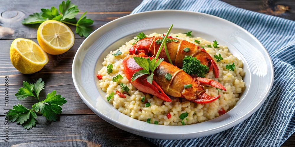 Aerial view of a gourmet seafood risotto with lobster tail garnished with parsley and lemon zest Aerial view of a gourmet seafood risotto with lobster tail garnished with parsley and lemon zest