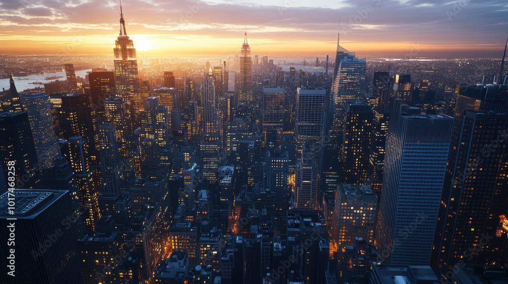Obraz premium stunning city skyline at sunset, showcasing towering skyscrapers and vibrant lights. warm glow of setting sun reflects off buildings, creating breathtaking urban landscape