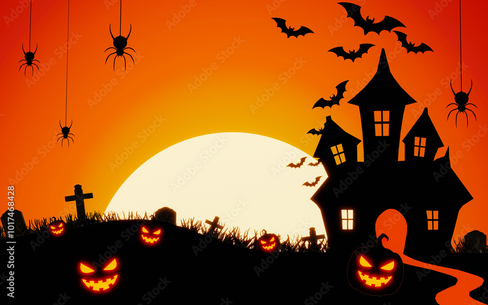 Halloween background for party invitation. orange halloween banner or background with cutest pumpkins spider and bats. Silhouette image on the theme of Halloween, grass and spiders. 3D Rendering Halloween background for party invitation. orange halloween banner or background with cutest pumpkins spider and bats. Silhouette image on the theme of Halloween, grass and spiders. 3D Rendering