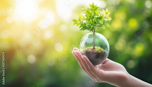 Hand holding a glass sphere with a small tree inside