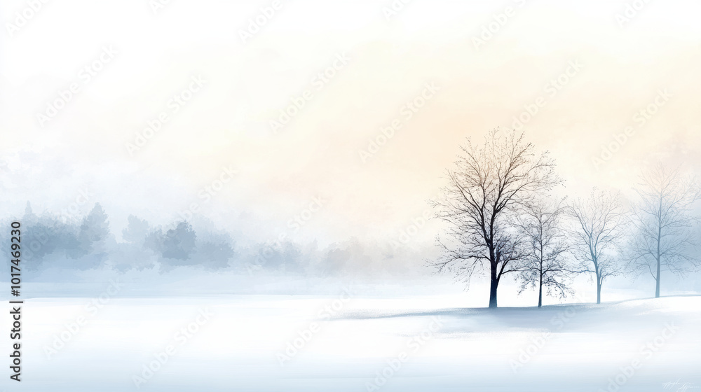 Obraz premium serene winter landscape featuring snow covered trees against soft, pastel sky. tranquil scene evokes sense of calm and peacefulness, perfect for winter themed projects