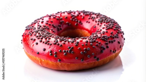 Aerial red donut with black sprinkles isolated on white background