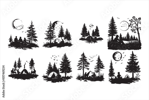 Camping silhouette set, Mountain landscape, hand drawn style, vector illustration.