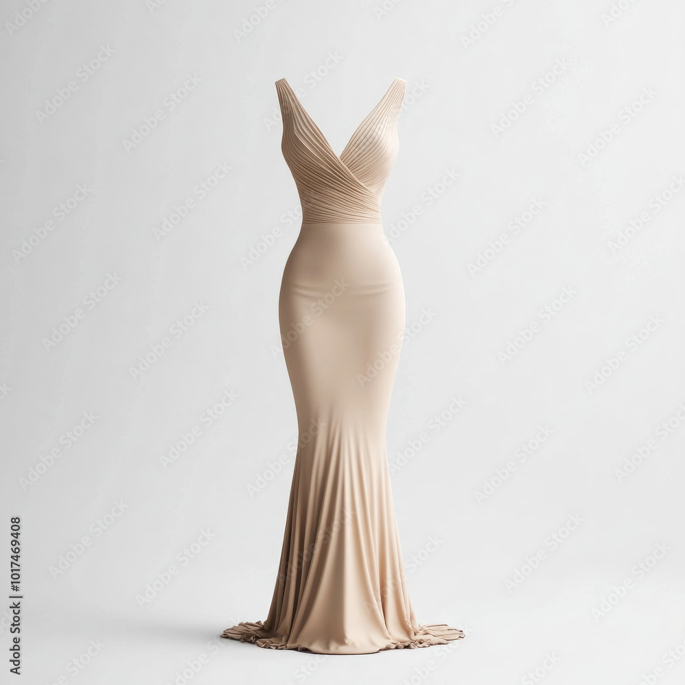 Nude colored gown with a long train flowing gracefully behind a model, standing against a stunning sunset backdrop. Nude colored gown with a long train flowing gracefully behind a model, standing against a stunning sunset backdrop.