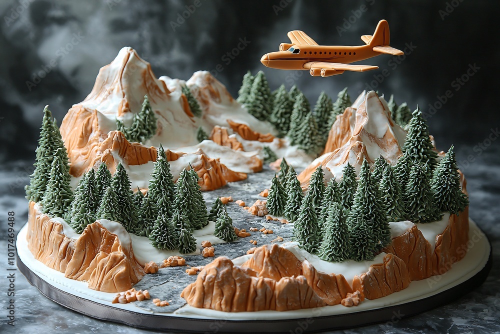 Cake with Airplane Flying Over a Scenic Landscape Cake with Airplane Flying Over a Scenic Landscape