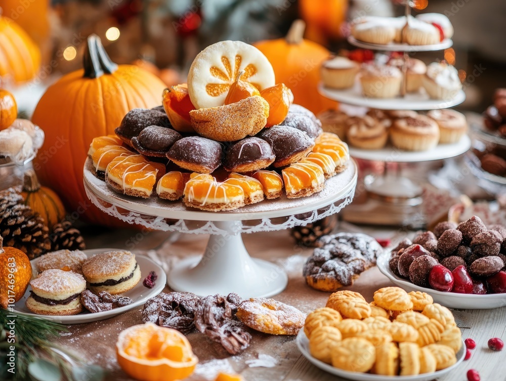 festive table with pumpkin sweets and cookies in home preparations festive table with pumpkin sweets and cookies in home preparations
