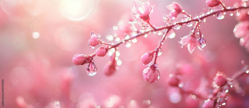 Close-up of delicate pink blossoms with raindrops on a branch, bathed in soft sunlight. Close-up of delicate pink blossoms with raindrops on a branch, bathed in soft sunlight.