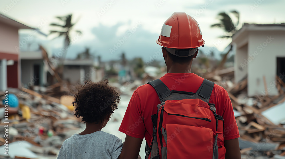 A man and child survey the destruction after a natural disaster. A man and child survey the destruction after a natural disaster.