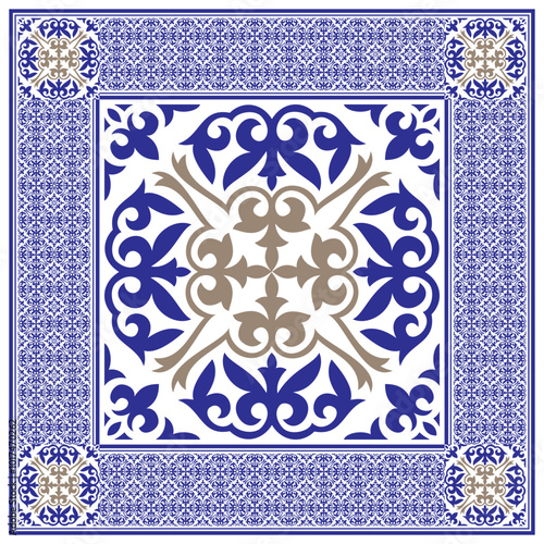 Vector blue, gold seamless national ornament. Ethnic pattern of the nomadic peoples of the great steppe, Kazakh, Moroccan,Turk, Mongol, Kyrgyz, Buryat. Design ceramic, azulejo tile, border, sandblast