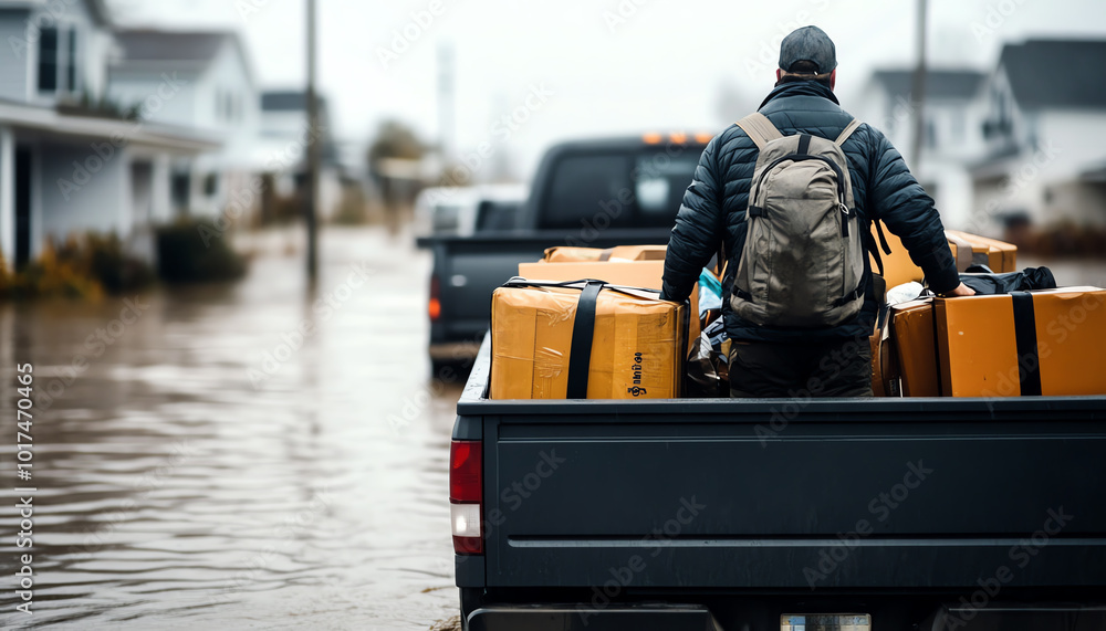 Man with packages in flooded truck, community recovery effort after disaster. Man with packages in flooded truck, community recovery effort after disaster.