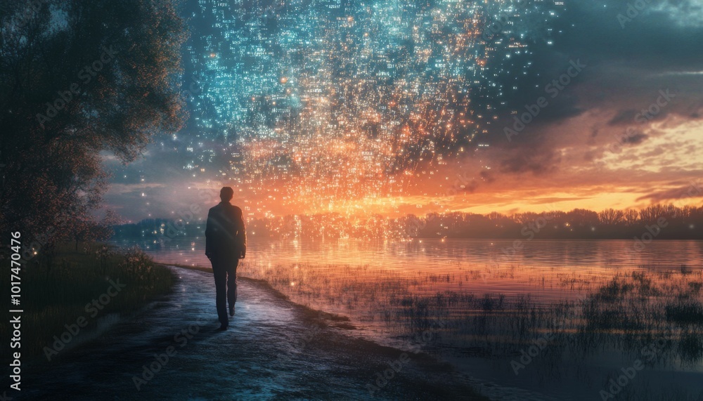 A man walks towards a digital rain of data against a dramatic sunset. A man walks towards a digital rain of data against a dramatic sunset.
