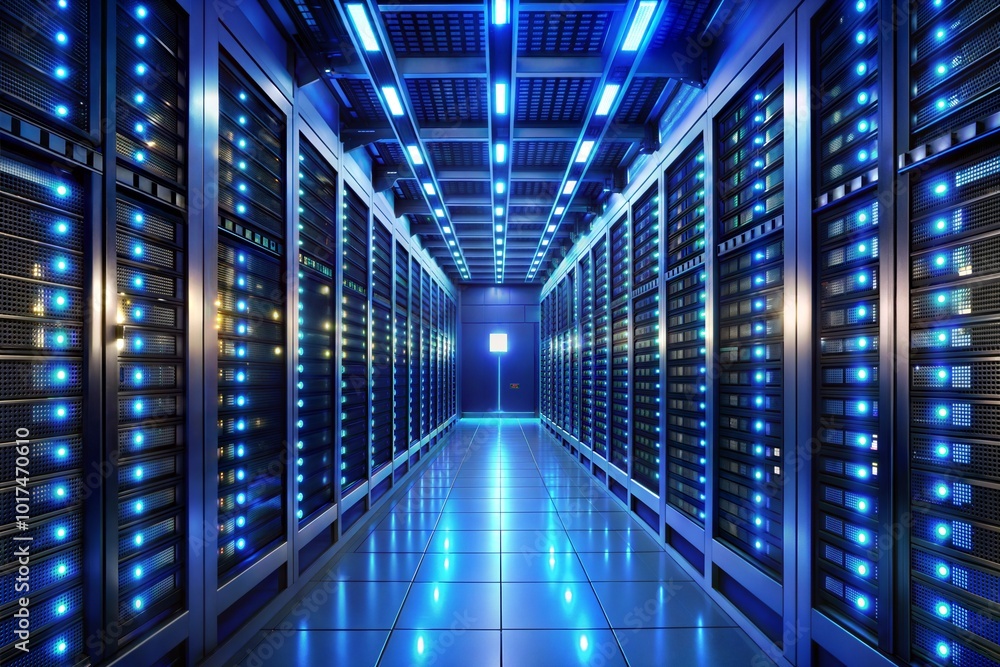 Modern data center with server racks and blue lights Modern data center with server racks and blue lights