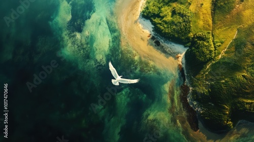 Aerial View of Seagull Soaring Above Turquoise Waters photo