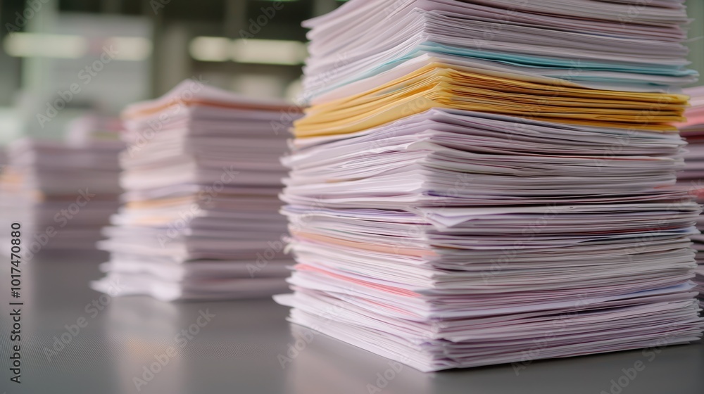 A close-up view of neatly stacked papers on a table, showcasing various colors and textures amid a workspace setting. A close-up view of neatly stacked papers on a table, showcasing various colors and textures amid a workspace setting.