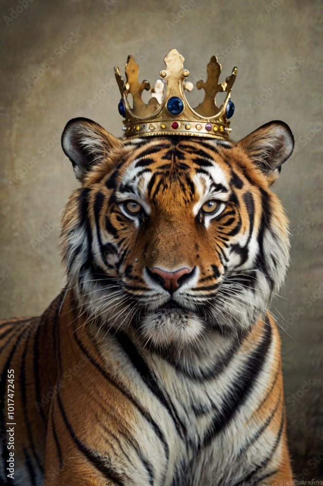 Majestic tiger wearing a crown in a regal pose against a dark backdrop, showcasing the beauty of wildlife Majestic tiger wearing a crown in a regal pose against a dark backdrop, showcasing the beauty of wildlife