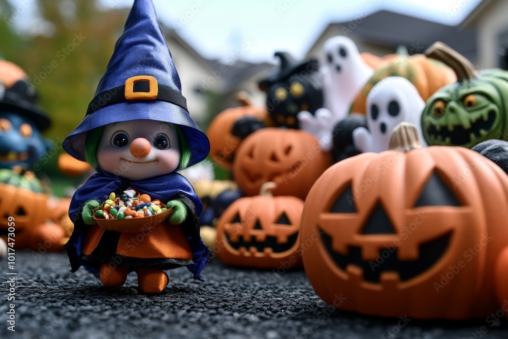 Naklejka premium A gnome dressed as a tiny witch walking through a neighborhood filled with monsters handing out candy, with pumpkins and ghosts all around
