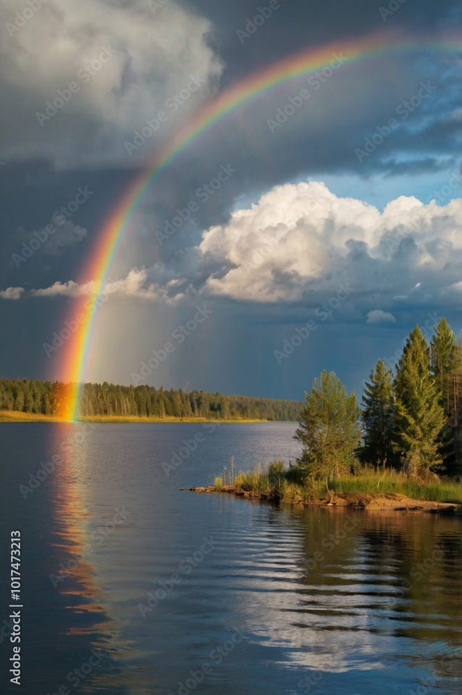 A vibrant rainbow arches over a serene lake surrounded by misty mountains and lush greenery at dawn A vibrant rainbow arches over a serene lake surrounded by misty mountains and lush greenery at dawn
