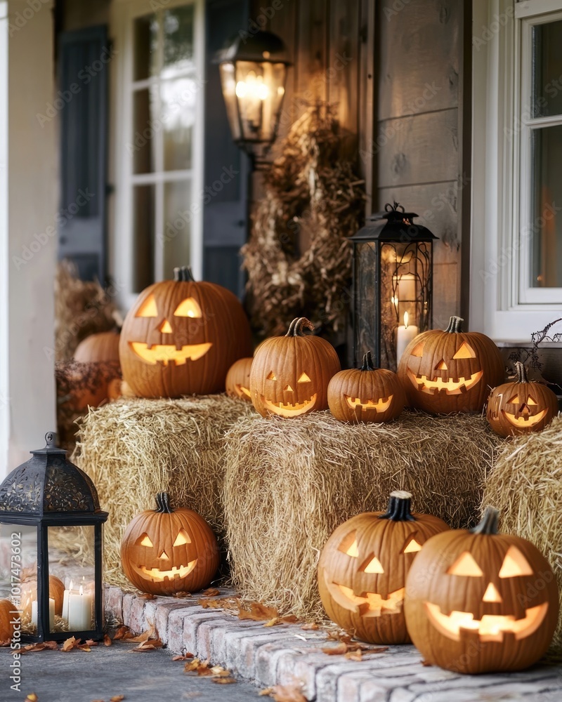 Obraz premium Rustic Halloween Decor with Pumpkins and Hay Bales