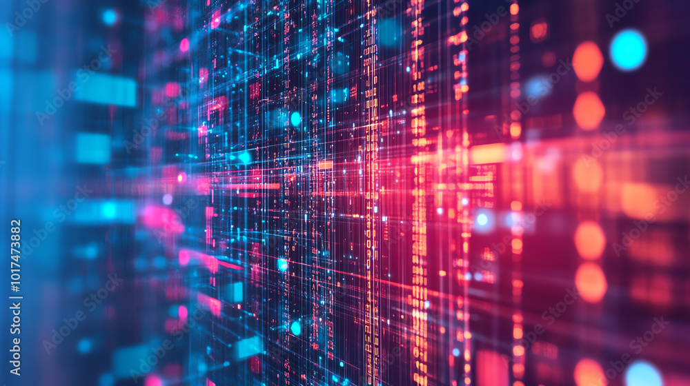 A vibrant abstract representation of digital data flow, showcasing intricate lines and colorful lights in a modern tech environment. A vibrant abstract representation of digital data flow, showcasing intricate lines and colorful lights in a modern tech environment.
