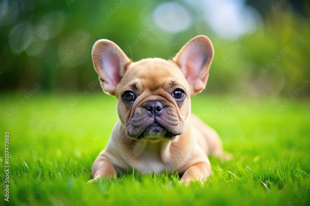 Adorable French bulldog puppy lying on green grass