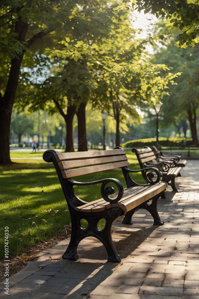Quiet park bench under a shady tree in bright sunshine Quiet park bench under a shady tree in bright sunshine