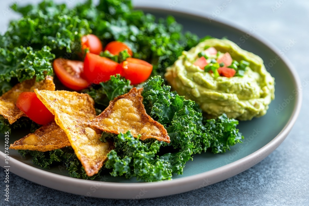 A plate of crispy kale chips alongside a serving of guacamole, representing a keto-friendly snack packed with healthy fats A plate of crispy kale chips alongside a serving of guacamole, representing a keto-friendly snack packed with healthy fats
