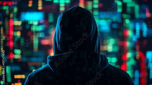 A hooded figure stands before a vibrant digital backdrop, symbolizing mystery and technology in the modern age.