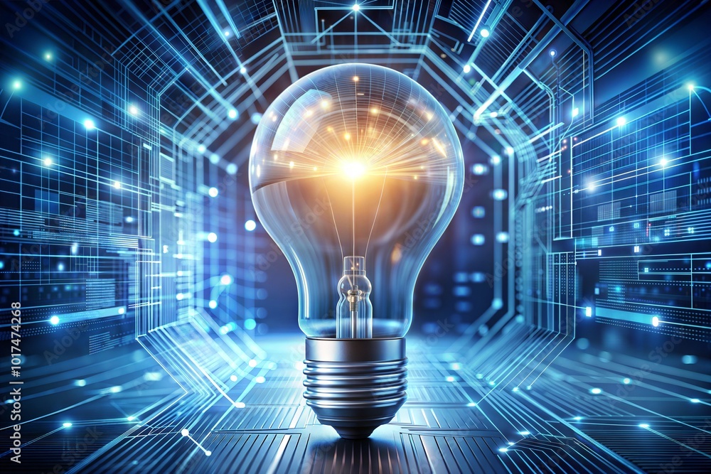 Light bulb with blue circuit network innovation concept