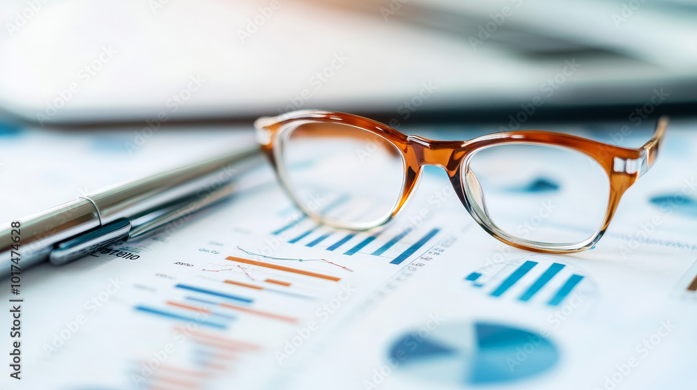 Closeup of Glasses on Financial Charts and a Pen Closeup of Glasses on Financial Charts and a Pen