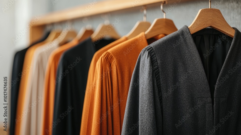 Obraz premium A stylish display of various casual garments hangs neatly, showcasing a range of colors from warm orange to elegant black.