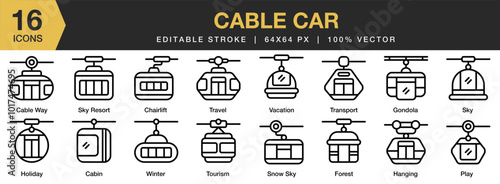 Cable Car icon set. Editable Stroke Icon Collection. Includes Cable, Car, Gondola, Lift, Ropeway, Sky, Tram, and More. Outline icons vector collection.