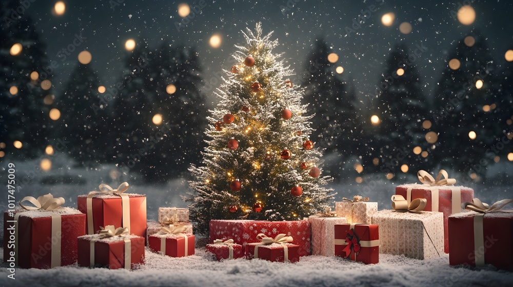 Christmas Tree With Presents In A Snowy Forest At Night Christmas Tree With Presents In A Snowy Forest At Night