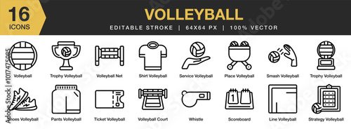 Volleyball icon set. Editable Stroke Icon Collection. Includes net, court, ball, smash, scoreboard, place, and More. Outline icons vector collection.