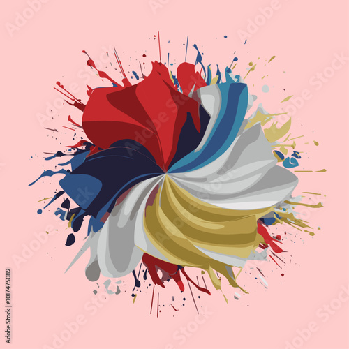  Paint Splash of vibrant colors such as red, blue, yellow, and white whereasa beautiful blend of geometric shapes and fluid lines .  Vector watercolor illustration ..
