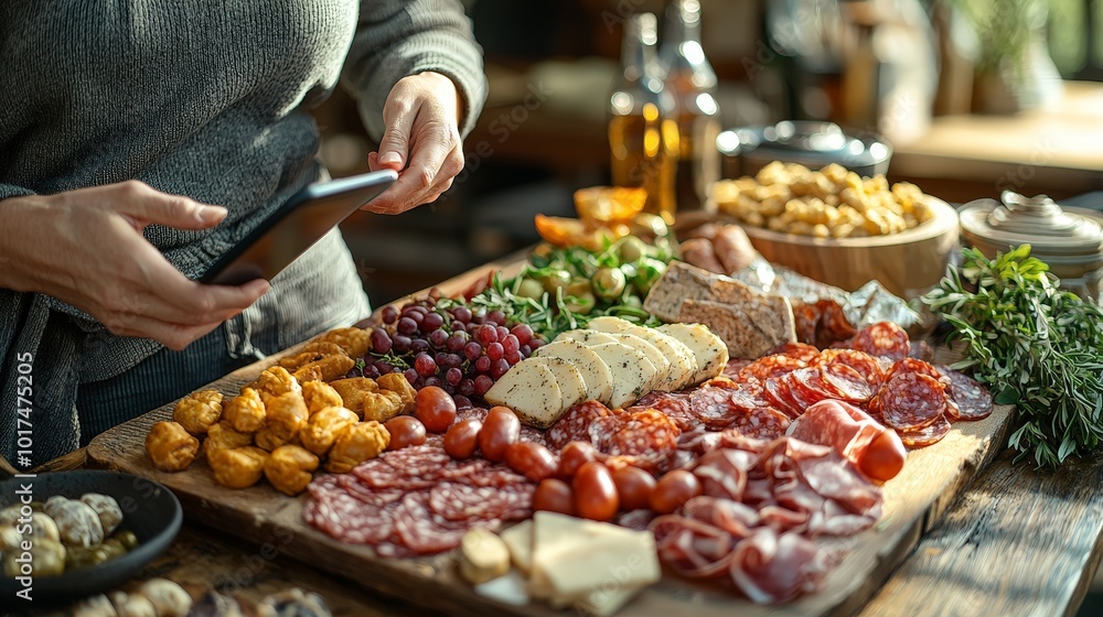 A beautifully arranged charcuterie board with various meats, cheeses, fruits, and snacks. A beautifully arranged charcuterie board with various meats, cheeses, fruits, and snacks.
