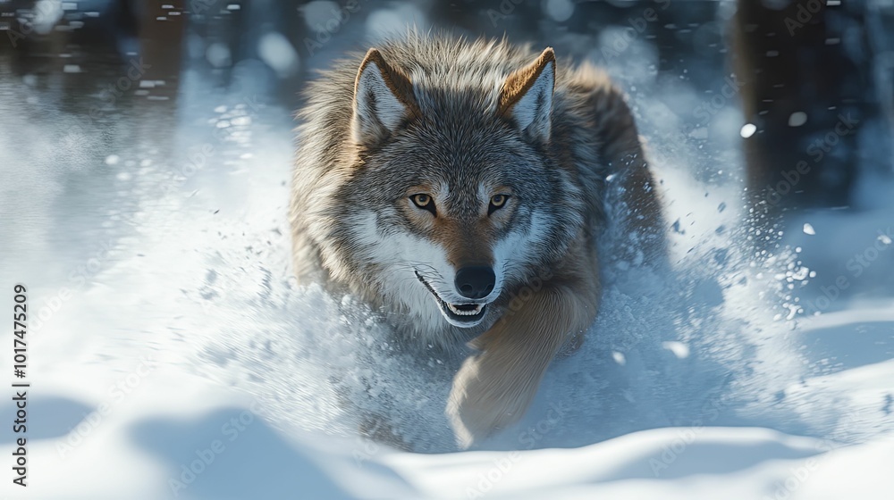 Obraz premium Wolf Running Through Deep Snow With Mouth Open