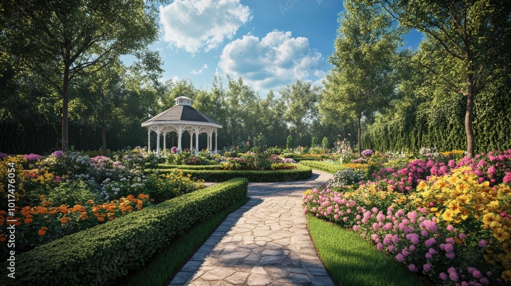 Obraz premium A white gazebo in a beautiful, colorful garden.