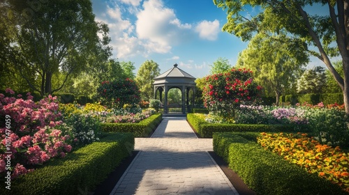 A stone path leads to a gazebo in a lush