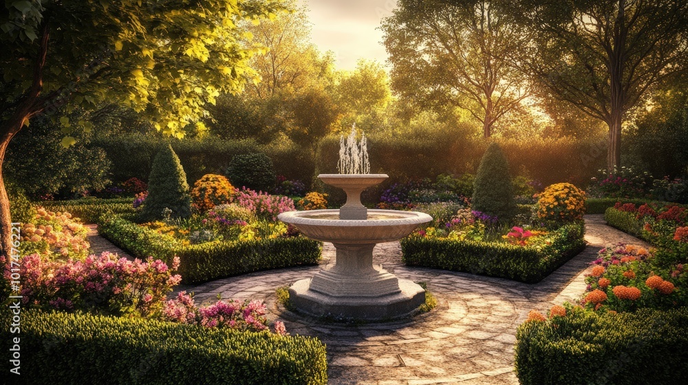 Stone fountain in a manicured garden. Stone fountain in a manicured garden.