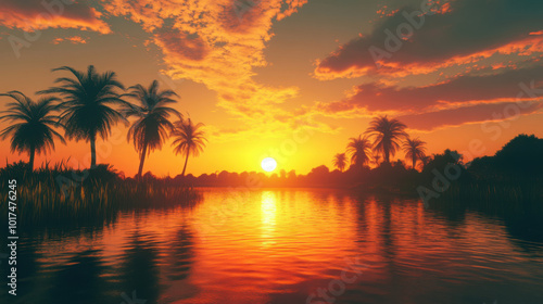 Vibrant summer sunset over a tranquil lake with silhouetted palm trees and a gentle breeze
