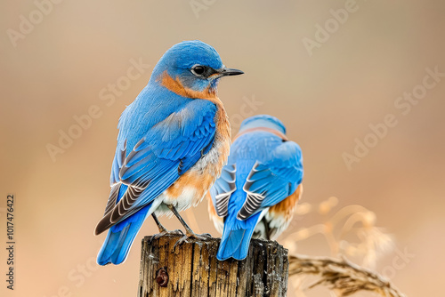 Two blue birds are perched on a wooden post photo