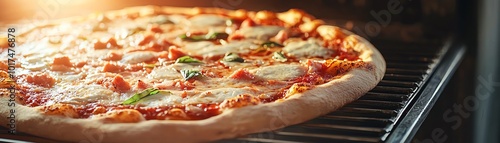 Freshly baked pizza with melted cheese and basil, placed in an oven for an appetizing look.